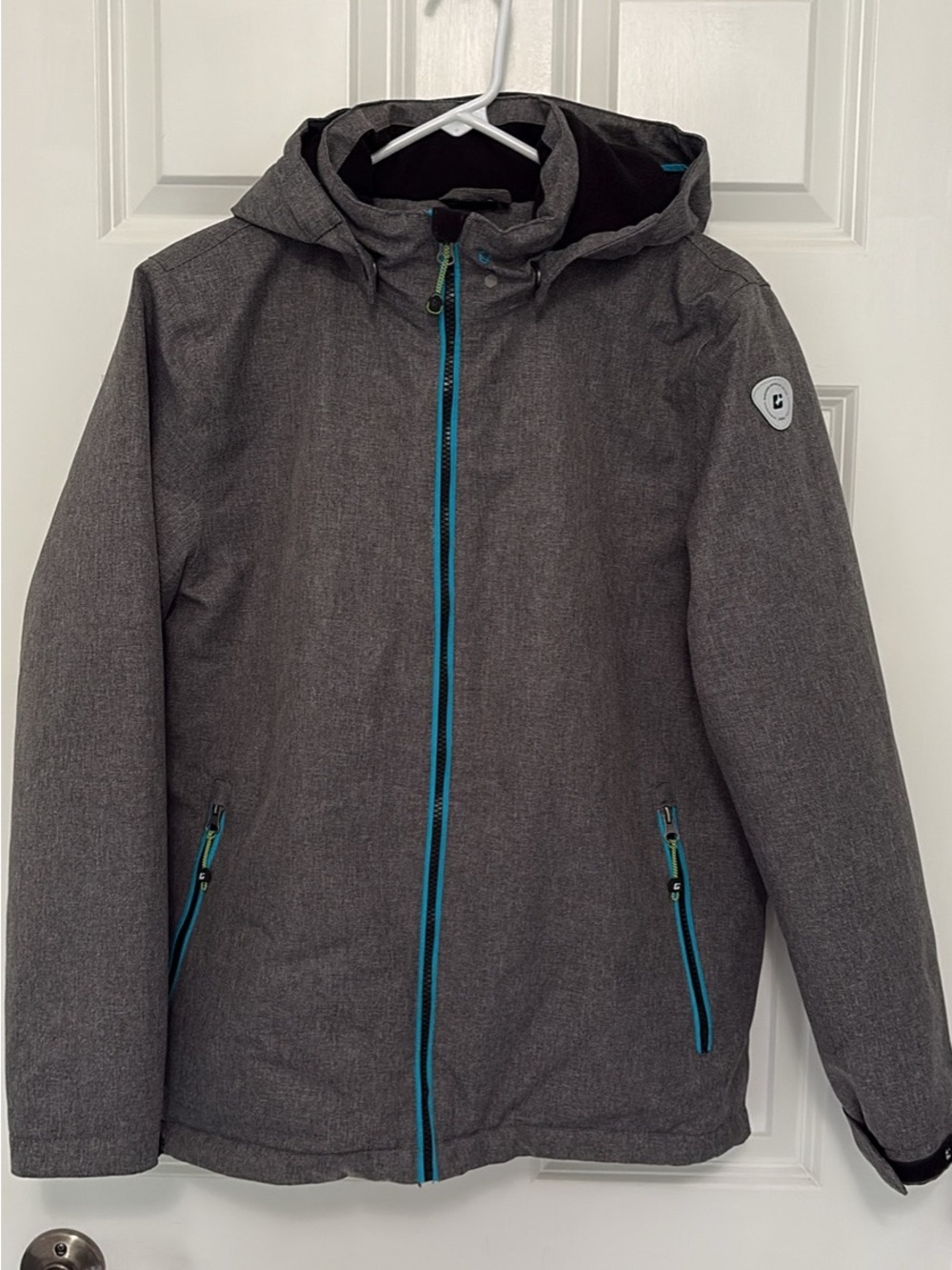 Men's Hooded Gray Softshell Jacket with Blue Trim